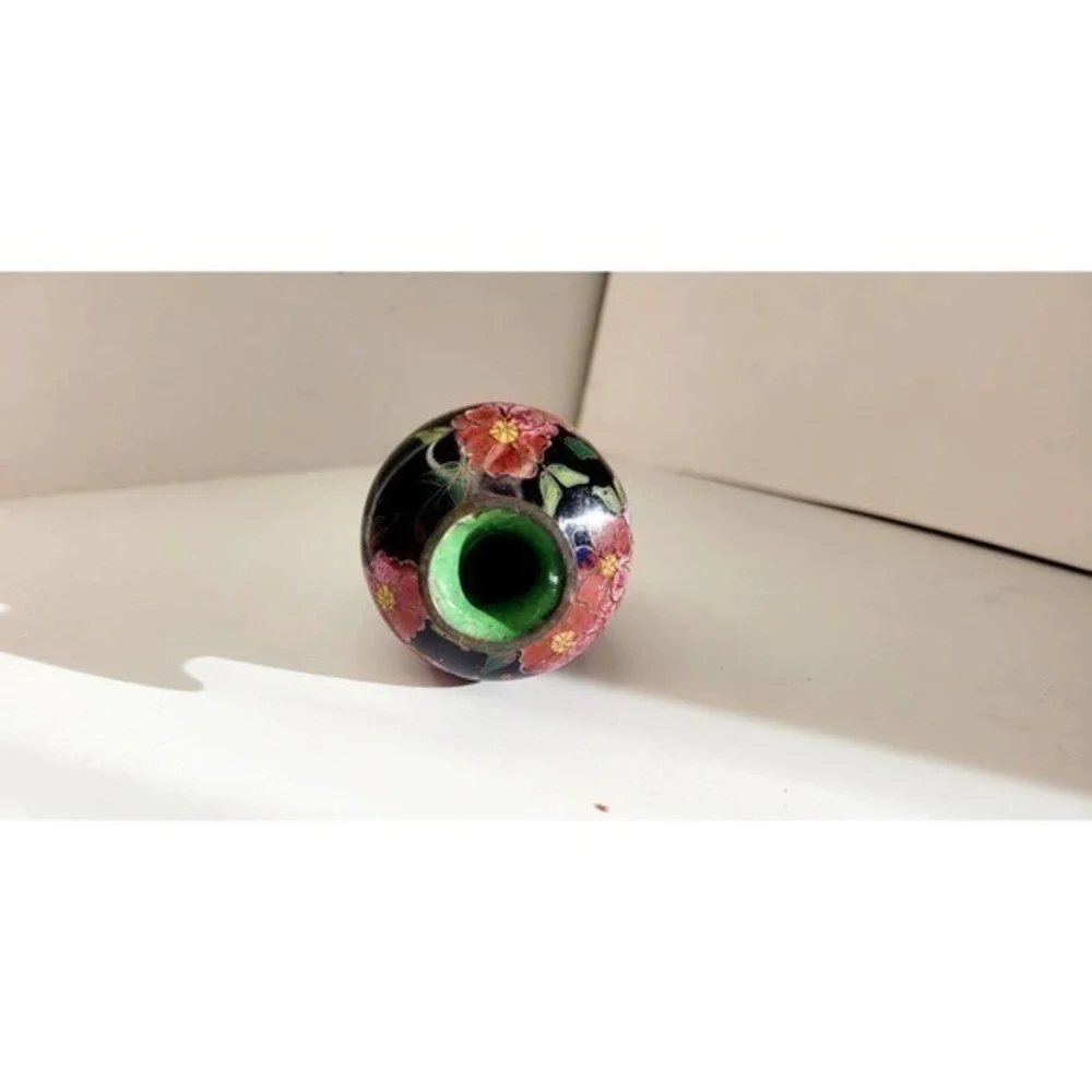 HP Antique Chinese Blue Pink Floral Chrysanthemums Butterflies‎ Cloisonné Vase